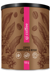 Qi coffee 100g kombinácia silnej instantnej kávy s extraktmi húb reishi Energy (Qi coffee terapeuticky nápoj - kombinácia silnej instantnej kávy s extraktmi húb reishi a cordyceps Energy)