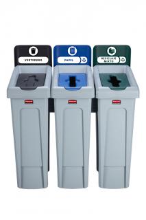 Recyklačná stanica SLIM JIM 3 - odpad/ papier/mix Rubbermaid (Triediaca recyklačná stanica SLIM JIM 3 koše Rubbermaid)