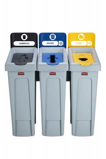Recyklačná stanica SLIM JIM 3 - odpad/ papier/plast/ Rubbermaid (Triediaca recyklačná stanica SLIM JIM 3 koše Rubbermaid)