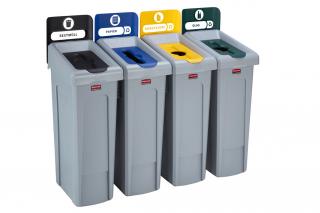 Recyklačná stanica SLIM JIM 4 - odpad/ papier/plast/sklo Rubbermaid (Triediaca recyklačná stanica SLIM JIM 4 koše Rubbermaid)