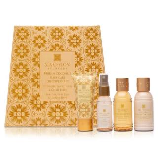 Spa Ceylon - Darčeková súprava vlasovej kozmetiky PANENSKÝ KOKOS (VIRGIN COCONUT) - šampón na vlasy 60 ml + masážny olej 60 ml + balzam na vlasy 70 g + olejová hmla na vlasy 10 ml + čistiace mydlo 35 g darčeková sada