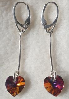 Náušnice na retiazke Swarovski elements srdce farebné - Volcano, 50mm