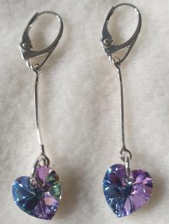Náušnice na retiazke Swarovski elements srdce fialové Vitrail Light 50mm