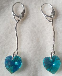 Náušnice na retiazke Swarovski elements srdce modré Blue Zircon AB, 50mm