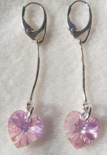 Náušnice na retiazke Swarovski elements srdce ružové Light Rose, 50mm