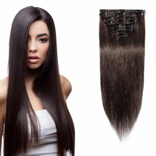 Světové zboží Lidské vlasy - Clip in sada Remy - 55 cm - 8 dílná - odstín 2 - tmavě hnědá - 2 (tmavě hnědá pralinka)