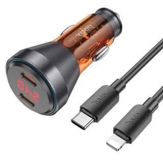 HOCO NZ12C 60W QC 3.0 + kábel typ C- LIGHTNING oranžová (Autonabíjačka 2 x Typ C QC 30W s displejom + kábel Typ C až Lightning)