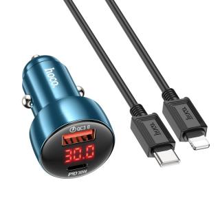 HOCO Z50 48W QC 3.0 modrá + kábel typ C-LIGHTNING (HOCO USB nabíjačka do auta QC 3.0 + typ C + kábel typu C na Lightning PD 48W Leader Z50 modrý)