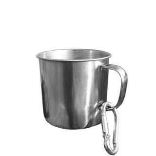 Hrnček s karabínkou 150 ml (Malý nerezový kovový hrnček 1,5 dcl)