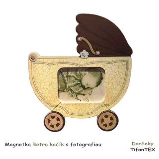 Magnetka Retro kočík s fotografiou (Plochá magnetka na chladničku s okienkom na fotografiu)