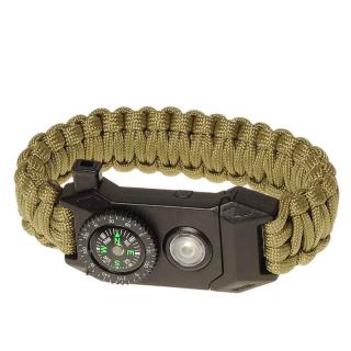 Paracord náramok s kompasom a svetlom oliva (taktický náramok na prežitie)