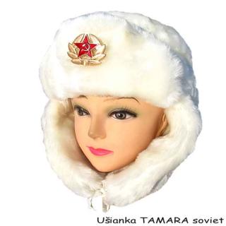 Ruská ušianka biela so znakom Tamara (Baranica s odznakom sovietskej armády)
