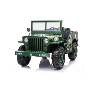 Beneo Elektrické autíčko USA ARMY 4X4, trojmiestne, zelené (MP3 Prehrávač so vstupom USB/SD, Odpružené náprvy, LED svetlá, Sklápacie čelné sklo, 12V14AH, EVA kolesá, Čalúnené sedadlá, 2,4 GHz Diaľkový ovládač, 4 x 4 Pohon)