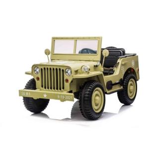 Beneo Elektrické autíčko USA ARMY 4X4, trojmiestne, žlté (MP3 Prehrávač so vstupom USB/SD, Odpružené náprvy, LED svetlá, Sklápacie čelné sklo, 12V14AH, EVA kolesá, Čalúnené sedadlá, 2,4 GHz Diaľkový ovládač, 4 x 4 Pohon)