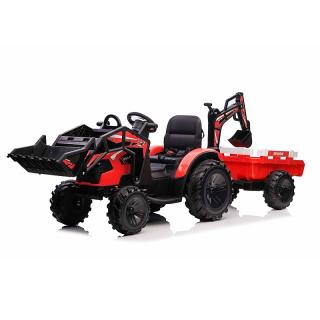 Beneo Elektrický traktor TOP-WORKER 12V s naberačkami a prívesom, jednomiestne, červené (Mäkké PU sedadlo, MP3 Prehrávač s USB vstupom, Zadný pohon, 2 x 45W Motor, EVA kolesá, 12V/10Ah batéria)
