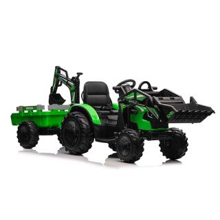 Beneo Elektrický traktor TOP-WORKER 12V s naberačkami a prívesom, jednomiestne, zelené (Mäkké PU sedadlo, MP3 Prehrávač s USB vstupom, Zadný pohon, 2 x 45W Motor, EVA kolesá, 12V/10Ah batéria)