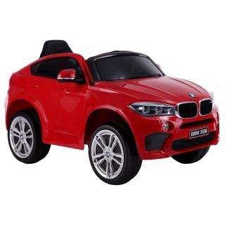 Pehi elektrické autíčko BMW X6M new jednomiestne červené EVA kolesá kožené sedadlo 12V 24 GHz do 2x motor USB SD karta original licencia