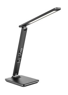 Solight LED stolná lampička s displejom, 9W, voľba teploty svetla, koža, čierna