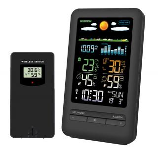 Solight meteostanica, farebný LCD, vnútorná/vonkajšia teplota a vlhkosť, tlak, RCC, čierna