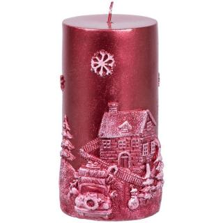 Sviečka MagicHome Vianoce, 7x12,5 cm, valcová, červená, s 3D krajinkou PRO - 8091391
