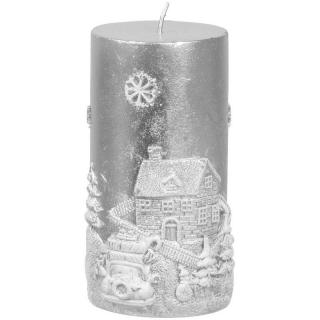 Sviečka MagicHome Vianoce, 7x12,5 cm, valcová, strieborná, s 3D krajinkou PRO - 8091393