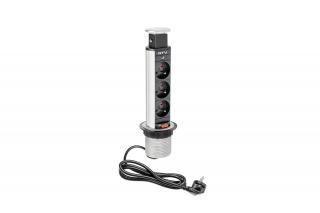 GTV Slim výsuvná zásuvka 3 X 220 V, KÁBEL 1,5 m strieborný AE-BPW3U60-80