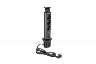 GTV Slim výsuvná zásuvka 3 X 220 V, KÁBEL 1,5M čierny + 2 USB AE-BPW3U60U-20