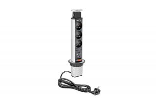GTV Slim výsuvná zásuvka 3 X 220 V, KÁBEL 1,5M strieborný + 2 USB AE-BPW3U60U-80