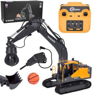 Double Eagle RC Bager Volvo s vymeniteľnými hrotmi 3v1, pneumatické kladivo, bager s drapákom + lopta + svetlo + zvuk 1:16