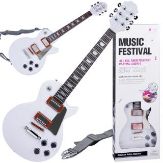 JOKO Detská Elektrická Gitara s kovovými strunami 69cm + popruh a melódie, biela