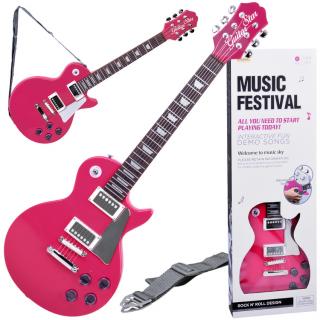 JOKO Detská Elektrická Gitara s kovovými strunami 69cm + popruh a melódie, ružová