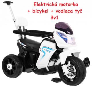 JOKO Elektrická motorka, bicykel s vodiacou tyčou 3v1, biela