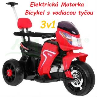 JOKO Elektrická motorka, bicykel s vodiacou tyčou 3v1, červená