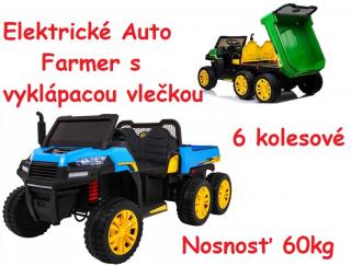 JOKO Elektrické autíčko 4x4 Farmer Truck s Vyklápacou vlečkou, DVOJMIESTNE kožené sedadlo, penové kolesá, 6 kolesové, nosnosť 60kg, modré
