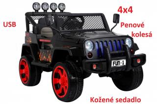 JOKO Elektrické autičko Jeep Raptor 4x4, penové kolesá, USB, FM rádio, kožené sedadlo, čierne s červenými kolesami