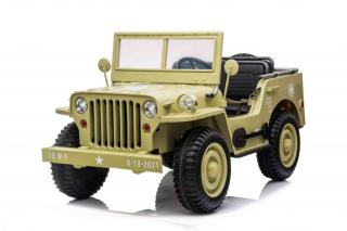 JOKO Elektrické autíčko Retro Vojenský Jeep 4x4, 3 miestny, 4x90W, 24V, kožené sedadlo, penové kolesá, nosnosť 60kg, béžové