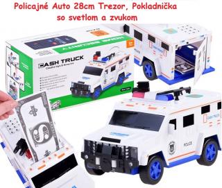 JOKO Policajné autíčko Trezor 28cm, bankomat, pokladnička na mince a bankovky  + zvukové a svetelné efekty, biele