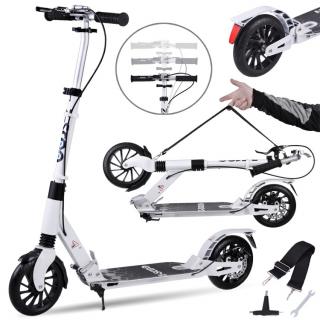 JOKO Veľká Skladacia Hliníková Kolobežka City Scooter s Brzdou a Odpružením + Popruh, nosnosť 100kg, biela