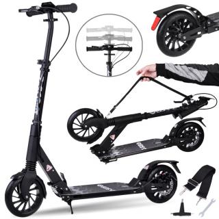 JOKO Veľká Skladacia Hliníková Kolobežka City Scooter s Brzdou a Odpružením + Popruh, nosnosť 100kg, čierna