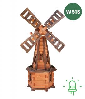MKSTOR Drevený Solárny veterný mlyn 135cm s LED svetlom, záhradný, otočný, dekoračný, W51S