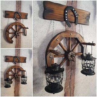 RETRO Drevené koleso podkova dekorácia na lampáše