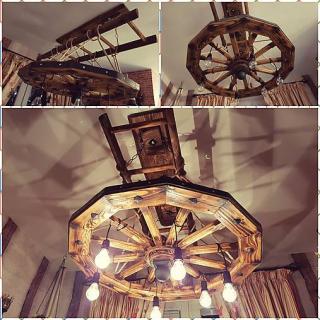 RETRO Drevený Luster koleso 90 cm na rebríku