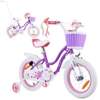 RoyalBaby Detský Bicykel STAR GIRL 14" s košíkom a zvončekom + vodiaca tyč, fialový