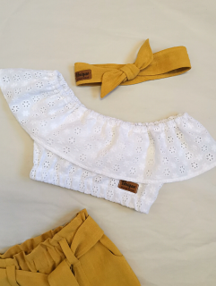 Madeirový crop top s volánom biely (Veľkosť sedí podľa výšky dieťaťa - tabuľka nižšie v popise)
