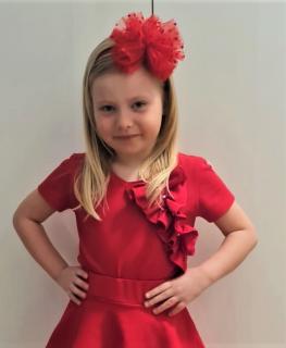 Tričko s efektnou mašľou a s perličkami UNIQUE Girl červené (Veľkosť sedí podľa výšky dieťaťa - tabuľka nižšie v popise)