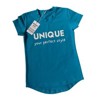 Tričko s krátkym rukávom UNIQUE your perfect style tyrkysovo-biele (Veľkosť sedí podľa výšky dieťaťa - tabuľka nižšie v popise)