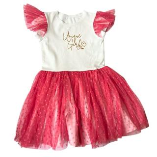 Tylové točiace šaty s krátkym tylovým rukávom DOTS FUCHSIA UNIQUE GIRL (Veľkosť sedí podľa výšky dieťaťa - tabuľka nižšie v popise)
