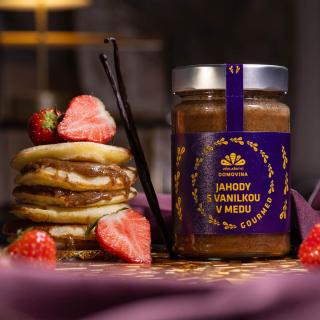 Včelařství Domovina Gourmed jahody s vanilkou v mede Hmotnost: 380 g