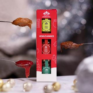 Včelařství Domovina Láskové darčekové balenie 3x75 g ochutené medy Design: Vánoce jahoda, višňa, kakao s chilli