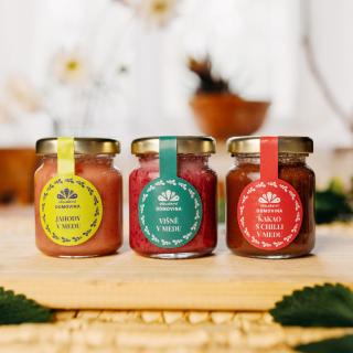 Včelařství Domovina Láskový 3x75 g ochutené medy jahoda, višňa, kakao s chilli